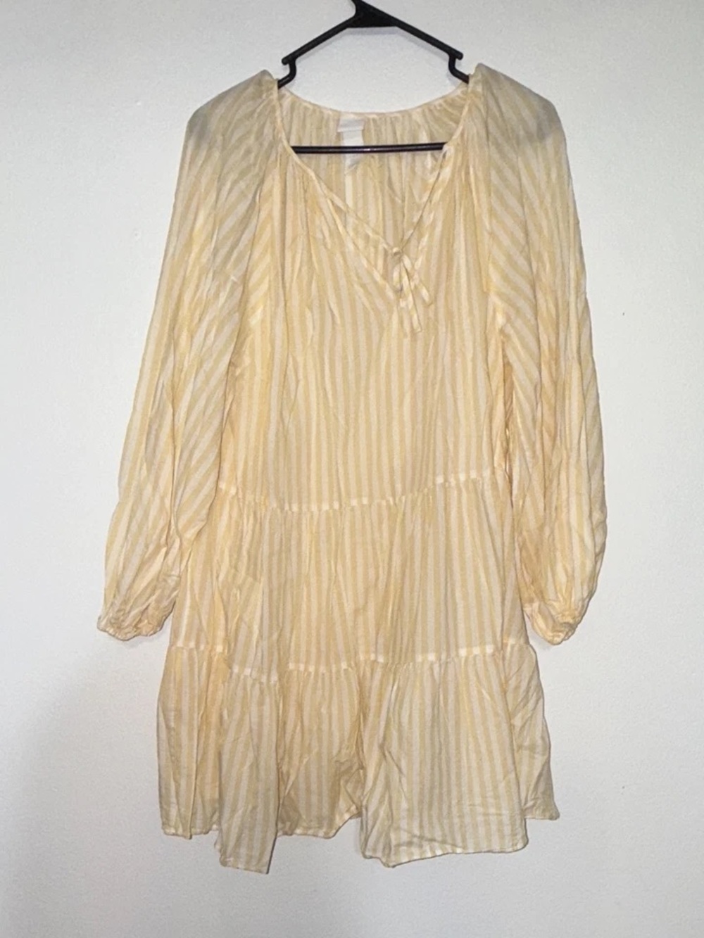 H&M Pale Yellow Striped Long-Sleeve Tiered Dress
